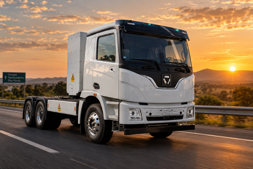 Cavalo trator elétrico XCMG na rodovia